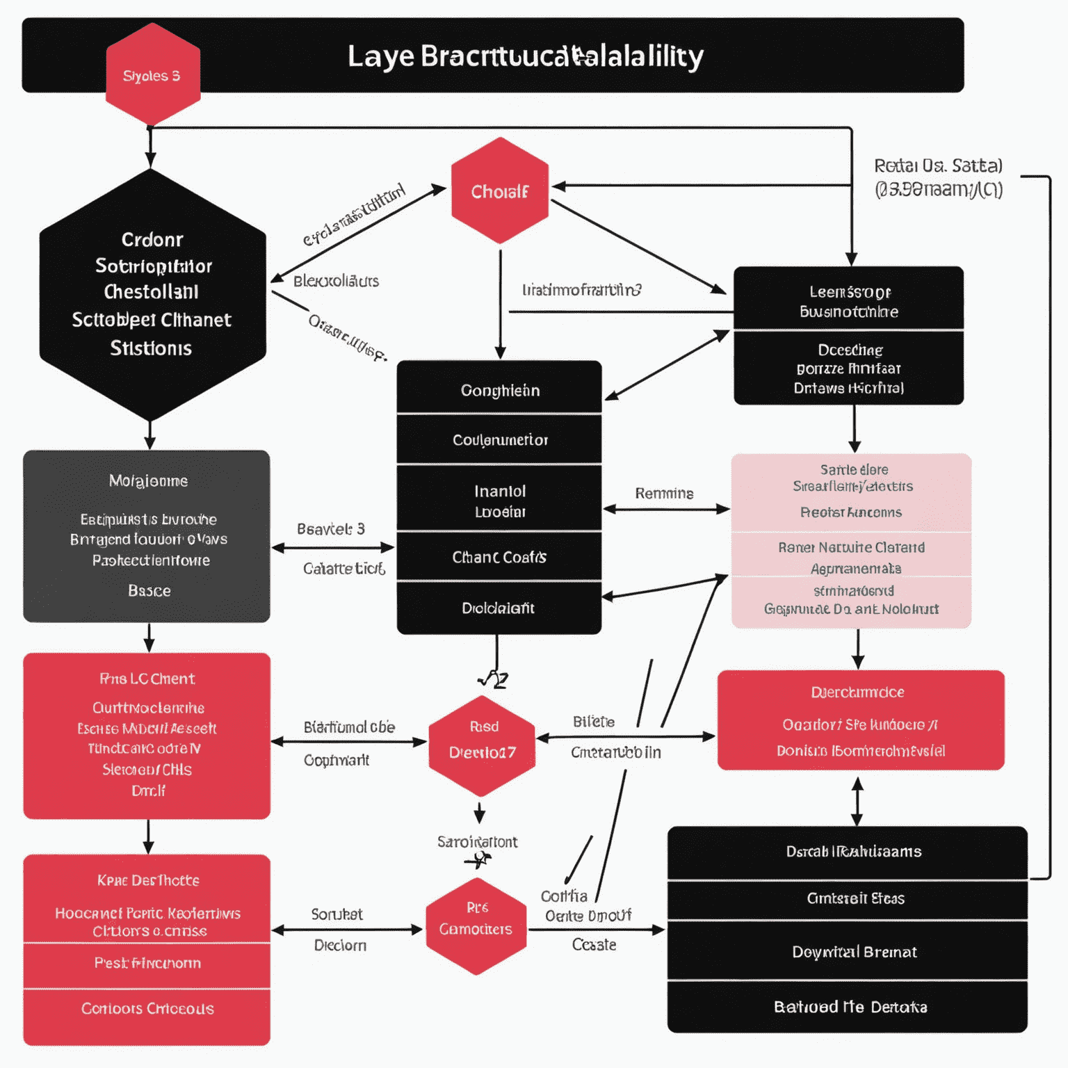 A detailed diagram showing the architecture of Layer3 scalability solutions, including state channels, sidechains, and plasma chains interacting with the main blockchain. The image uses a color scheme of red, pink, black, and white to illustrate different components and data flows.