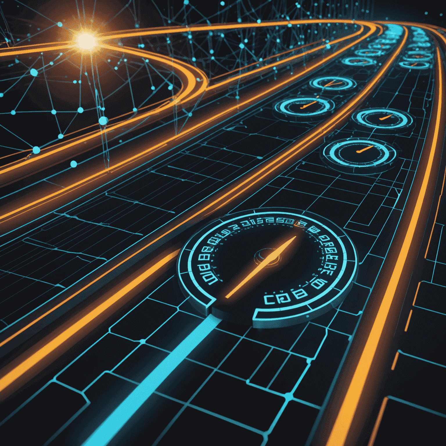 A visual representation of performance optimization showing speedometers, graphs, and blockchain nodes connected with fast-moving data streams. The image emphasizes speed and efficiency in a blockchain network.