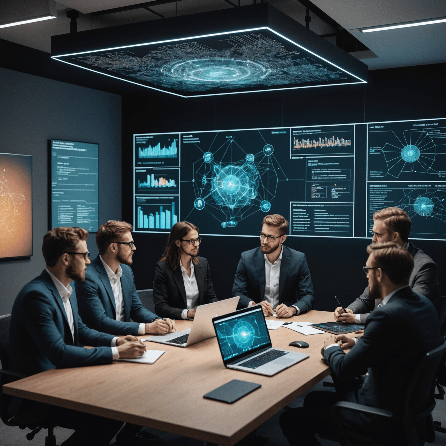 A team of blockchain experts discussing Layer3 solutions around a modern office table, with holographic displays showing complex network diagrams and code snippets